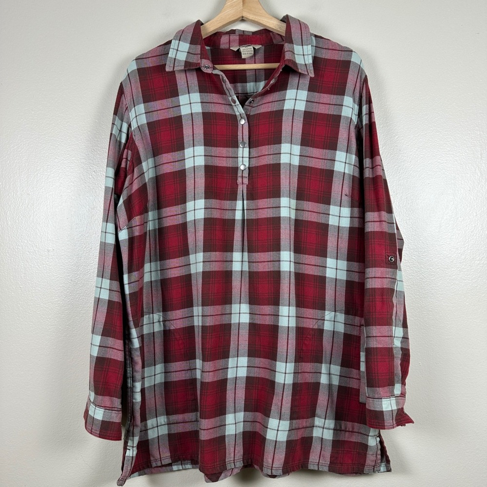Duluth Trading Co Women's XL Tunic Red Plaid Roll Tab Sleeve Popover Shirt